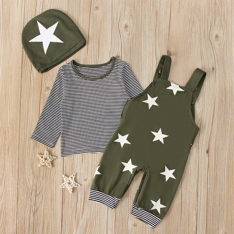 New Promotion Spring And Autumn Children's Suit Boy Star Strap Trousers + long-sleeved T-shirt hat Three-piece Wear |