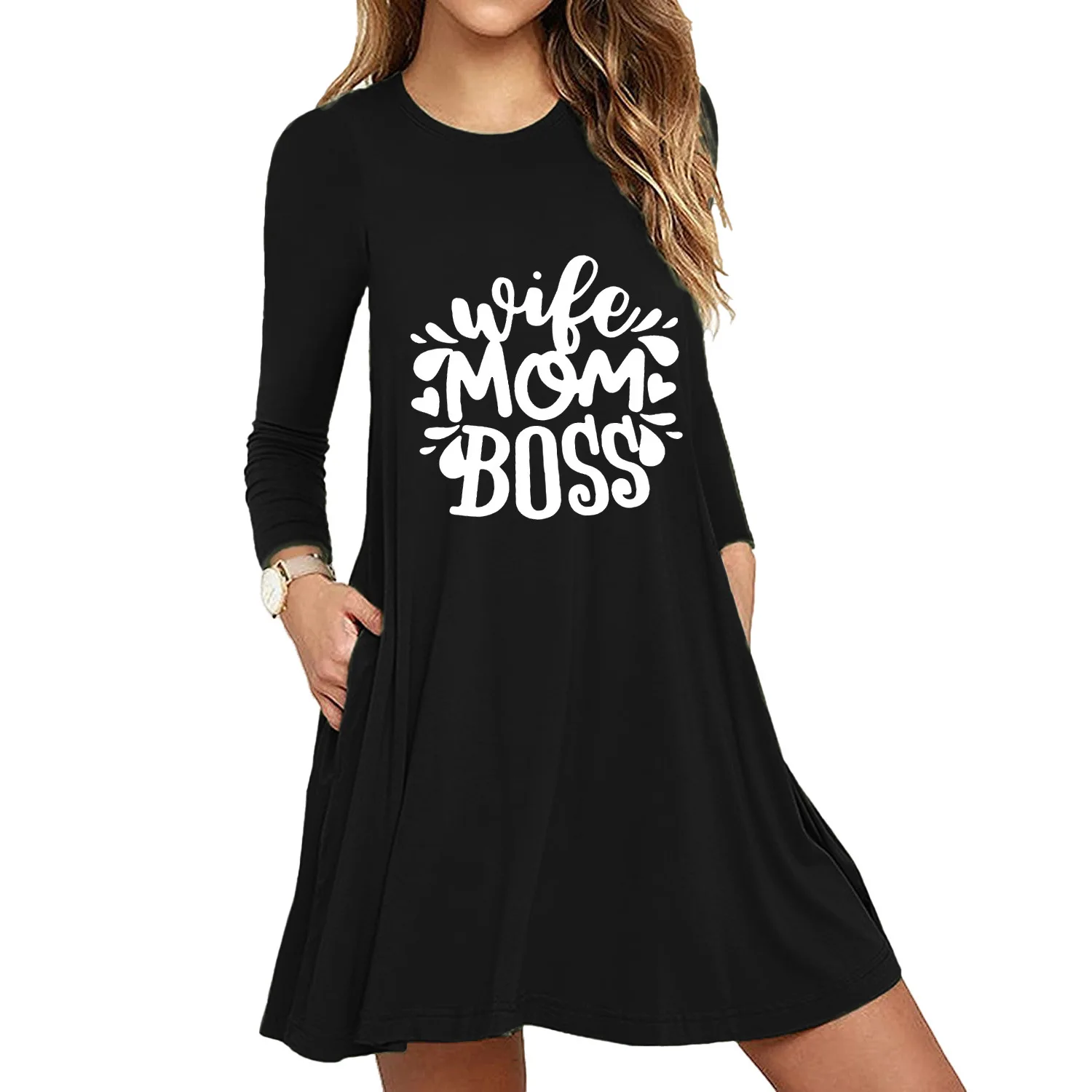 

2021 Autumn Clothing Vestidos Women Fashion Letter Print Solid Dress Long Sleeve O-Neck Pockets Loose Casual A-line Dress Female