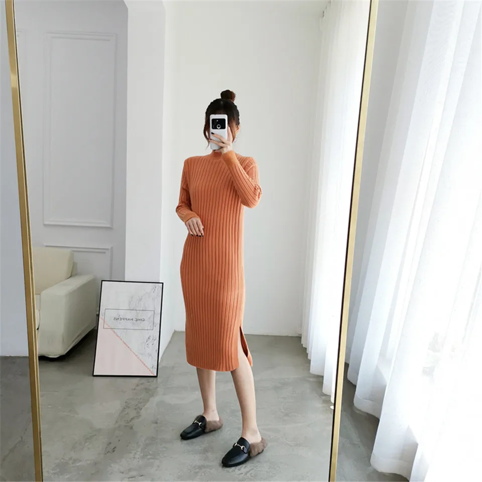 Раздельное однотонное платье с круглым вырезом и длинным рукавом Vestido, милое зимнее трикотажное платье, Осеннее женское элегантное платье, новинка года, модное тонкое мягкое женское платье
