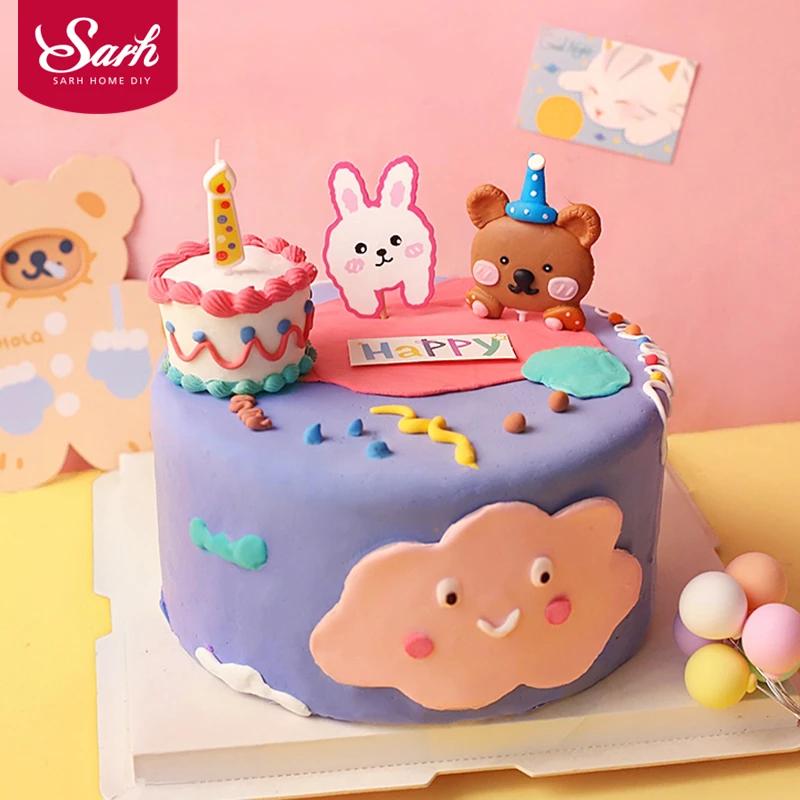 

Cartoon Bear with Rabbit Happy Birthday Cake Topper for Children`s Day Baby Shower Gift Cupcake Dessert Supplies