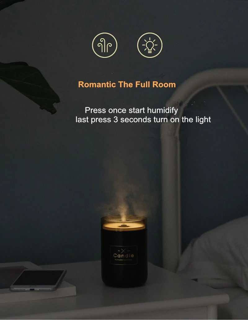 280ML Ultrasonic Air Humidifier Candle Romantic Soft Light USB Essential Oil Diffuser Car Purifier Aroma Anion Mist Maker | Бытовая
