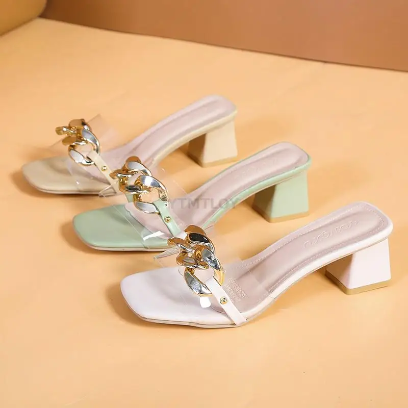 

Женские тапочки на высоком каблуке Стразы прозрачные летние женские домашние тапочки