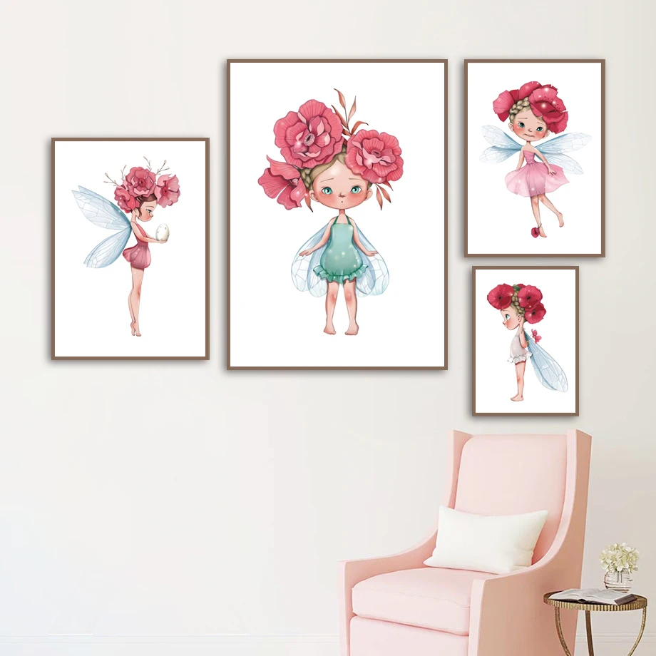 

Cartoon Flower Baby Girl Wing Flower Fairy Nordic Posters and Prints Wall Art Canvas Painting Wall Pictures for Kids Room Decor