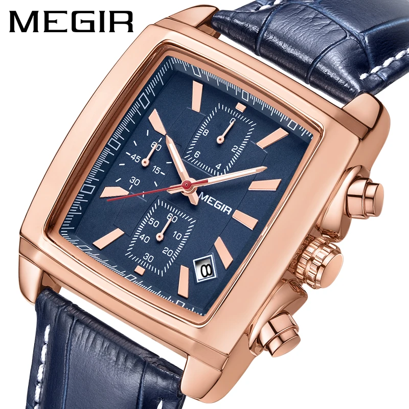 

Top Brand MEGIR Official Watch Men Luxury Rectangle Quartz Military Watches Waterproof Luminous Leather Wristwatch Men New Clock