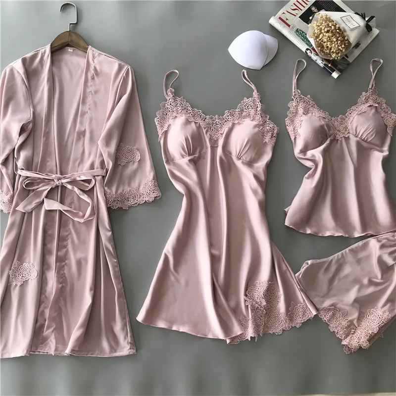 

4 Pieces ladies Sexy Silk Satin Robe Set Sleepwear Sets Robe+Nightdress+Top+Pant Flower Embroidery Nightwear Homewear For Women