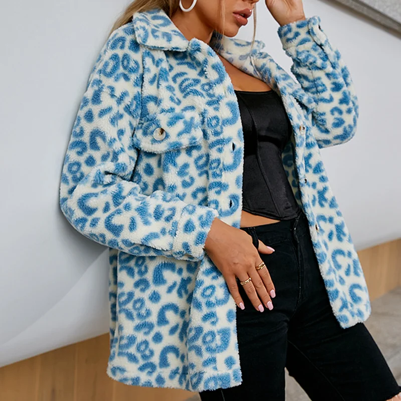 Fashion Women's Faux Fur Leopard Print Jacket Street Blue Soft and Cute Single-breasted Lapel Casual Jacket Autumn and Winter