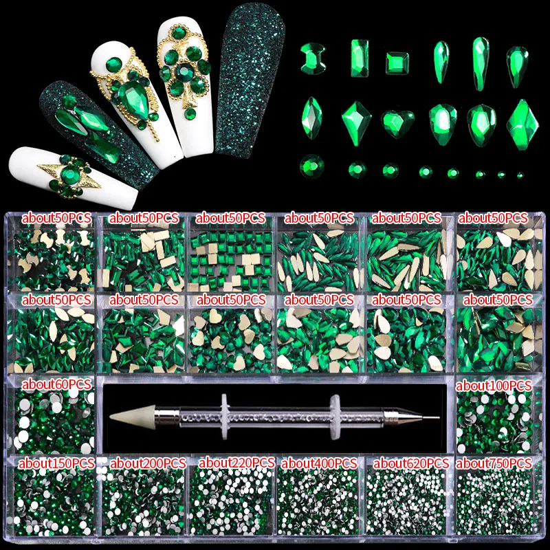 Misscheering 21 Grid Green Nail Rhinestones for DIY Manicure 2021 Fashion Multi-Size Glass Nails Accessories Art Decoration | Красота и