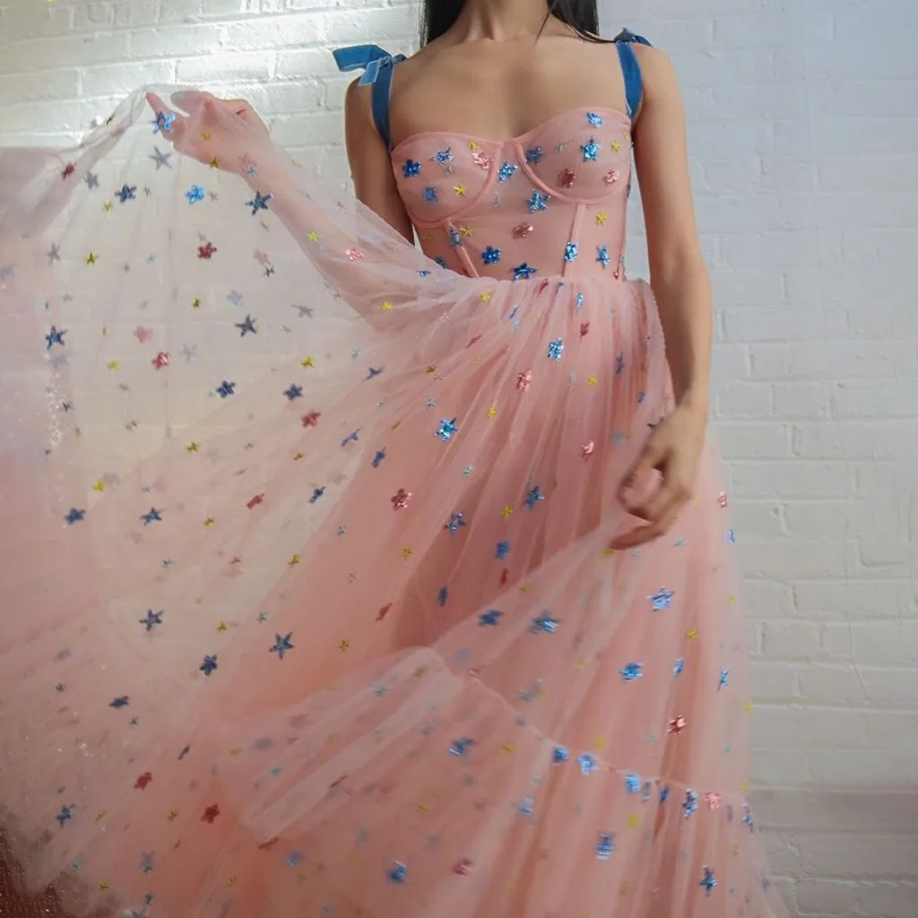 

Pink Sexy Party Fashion Women Sweet Spaghetti Strap Stars Bronzing Gauze Midi Dress Mesh V-neck Pleated Summer Vestidos Dress