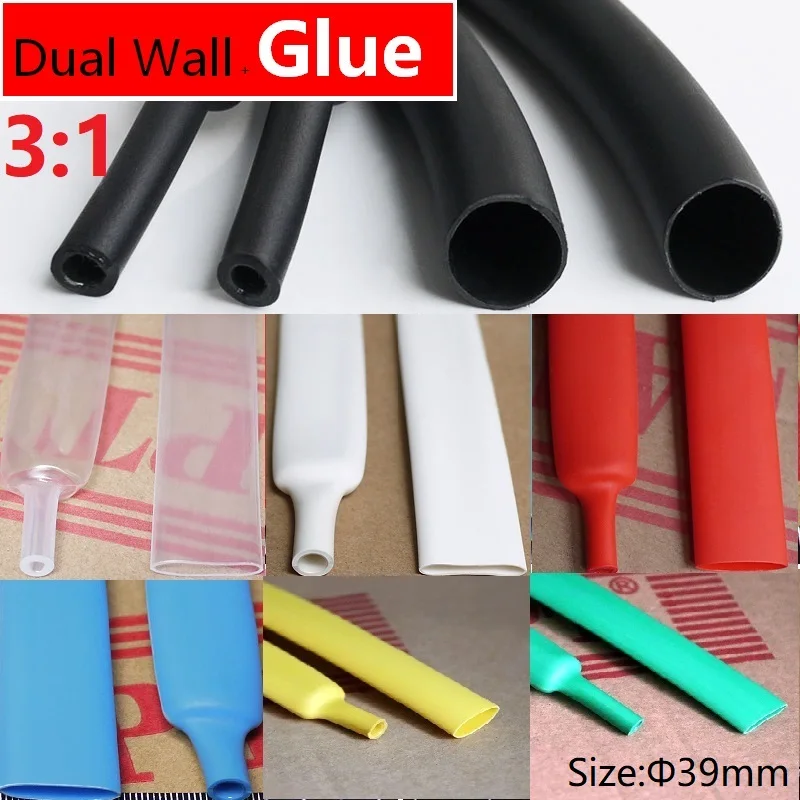 

1.22M 39mm Diameter PE 3:1 Ratio Heat Shrink Tube Adhesive Lined Dual Wall With Thick Glue Wire Wrap Waterproof Kit Cable Sleeve