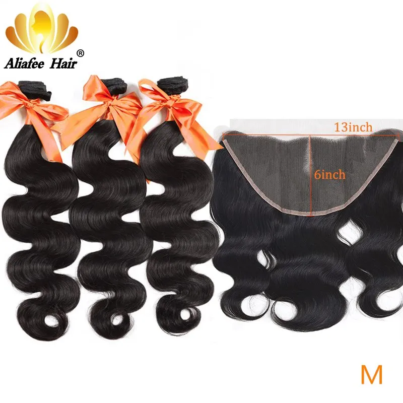 Brazilian Body Wave Human Hair 3 Bundles With 13x6 Lace Frontal Remy CLosure Natural Color 8&quot-20&quot ALiafee | Шиньоны и парики