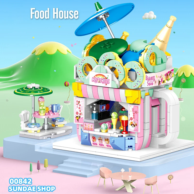 

Mini City Street View Series Building Blocks Hot Pot Cafe Sundae Shop Bricks Construction Model Toys for Children Girl Gift