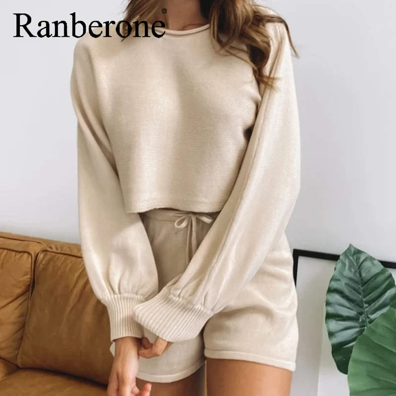 

Ranberone Fashion Summer Women Set Long Sleeve Crop Top + Solid Shorts Sport Suit Female Breathable Fitness Tracksuit Wives 2021