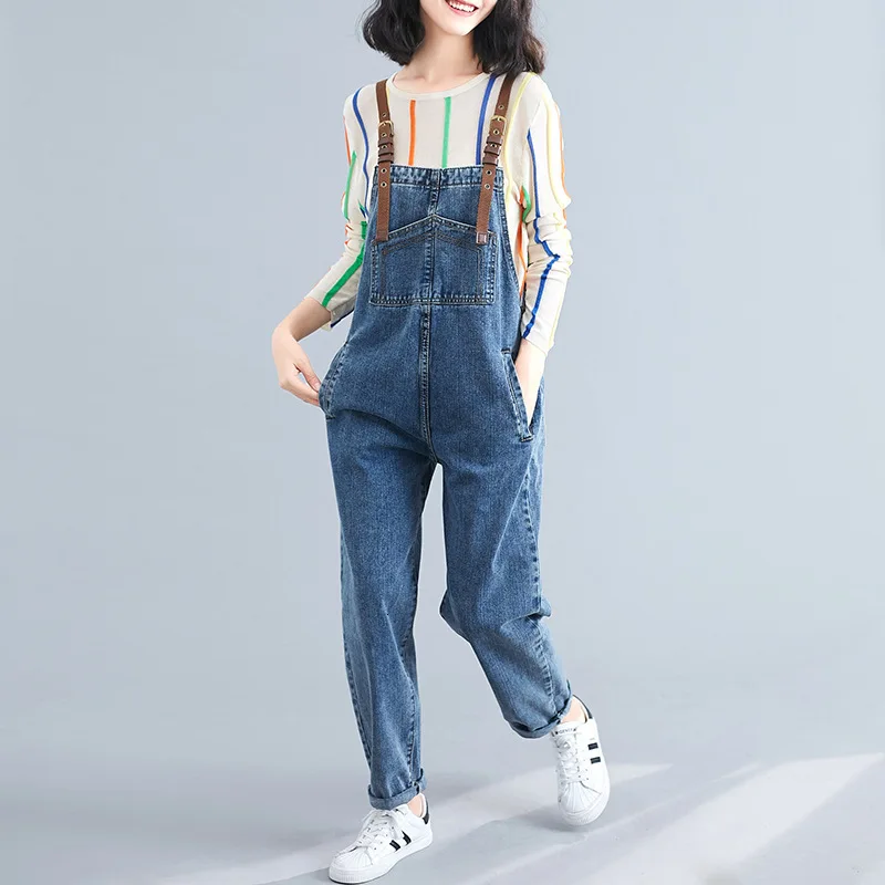 Повседневный вымытый джинсовый комбинезон в европейском стиле больших размеров