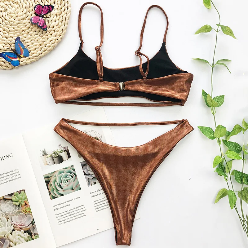 

Sexy Shiny Hollow out Ribbed Bikini 2020 Women Swimsuit Female Brazilian Swimwear Two-piece Bikini set Thong Bather Bathing Suit