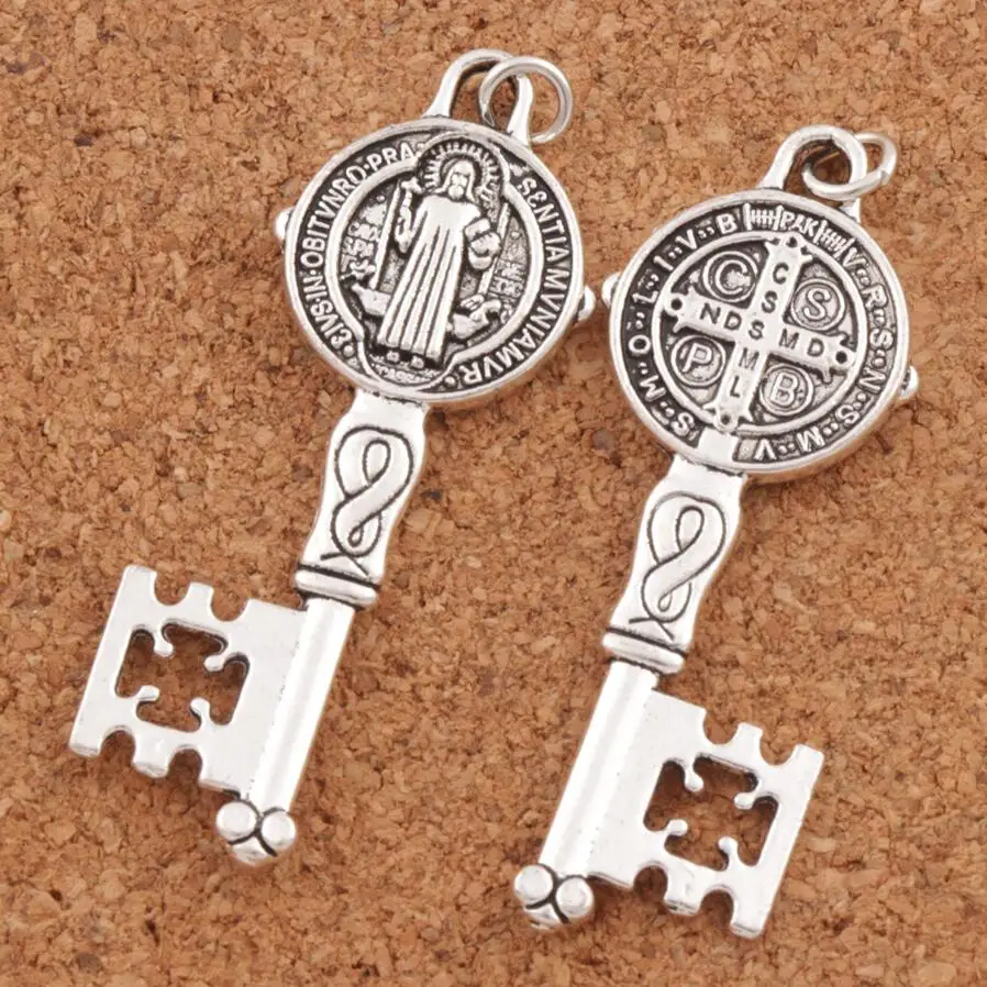 

Saint Benedict Medal Cross Key Cristo Redentor Spacer Charm Beads 8pcs Zinc Alloy Pendants T1685 21x52.3mm Tibetan Silver