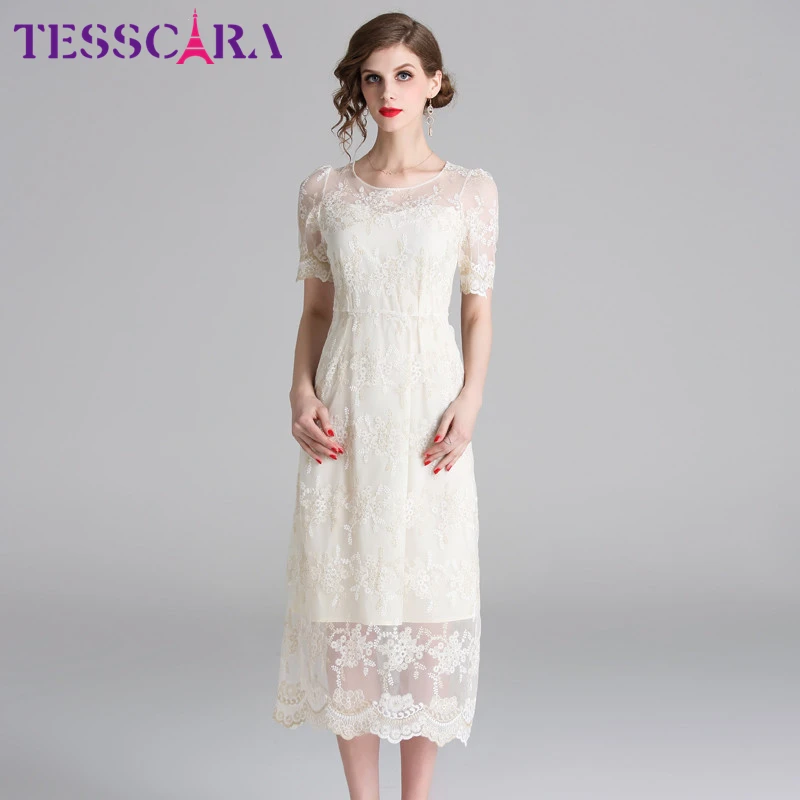 Женское Сетчатое платье TESSCARA длинное дизайнерское с цветочной вышивкой для