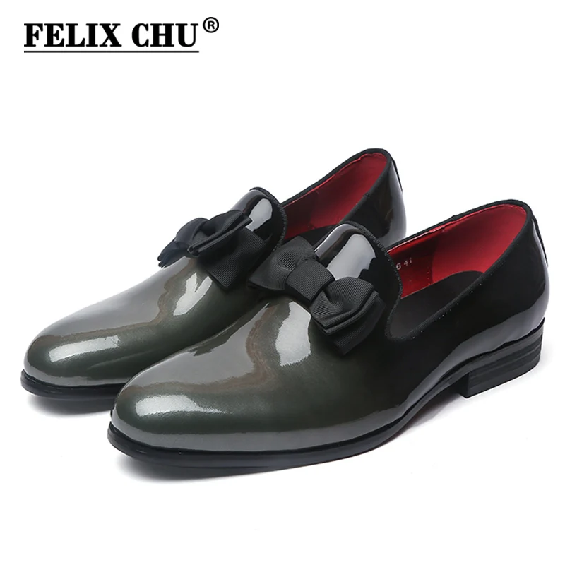 

FELIX CHU Brand Luxurious Genuine Patent Leather Men Wedding Dress Shoes With Bow Tie Men's Banquet Party Formal Loafers