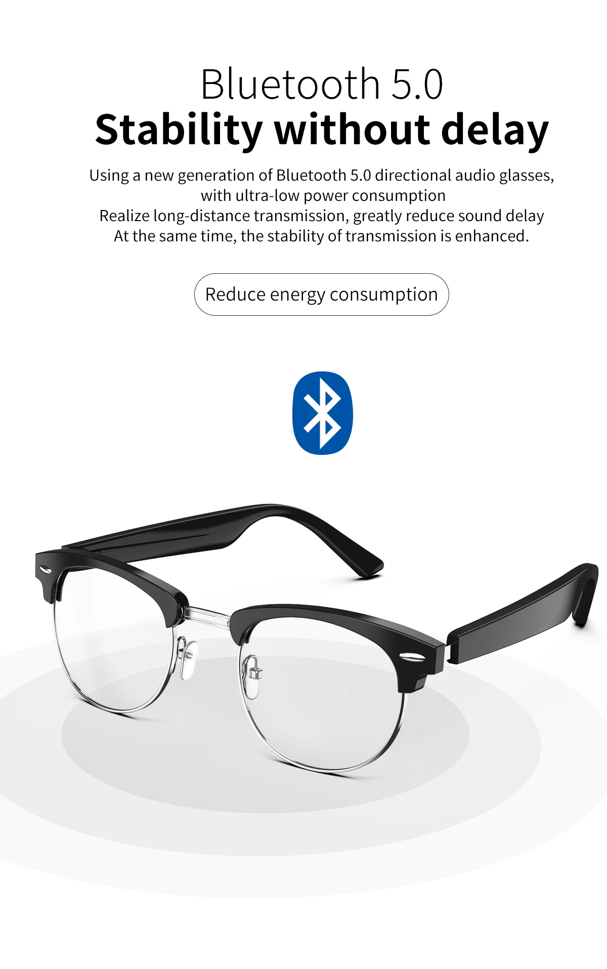 

Bluetooth 5.0 Smart Glasses Music Voice Call Sunglasses Can Be Matched With Prescription Lenses Compatible IOS Android