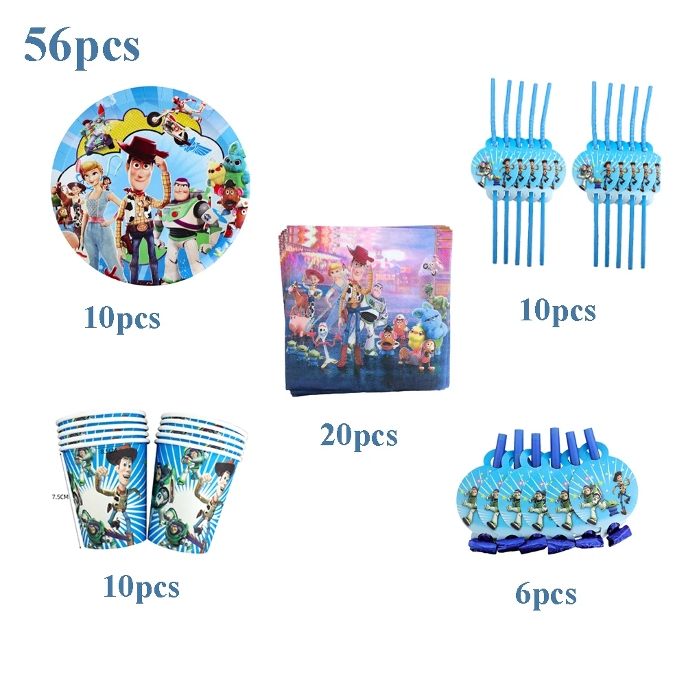 

56Pcs/Pack Toy Story Decorations Birthday Party Disposable Tableware Baby Shower Plates Napkins Cups Blowouts Straws Supplies
