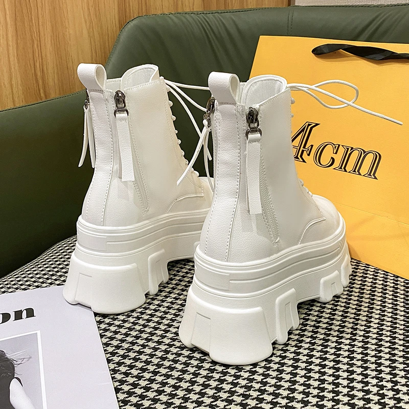 Autumn Women Thick Sole Ankle Boots Platform Leather Casual Boots 2021 Women's 8cm High Heels Wedge Boots Shoes Woman Sneakers