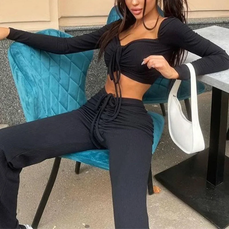

Black Tracksuit Women 2022 Long Sleeve Crop Top And Wide Leg Pants Y2K Two Piece Sets Casual Sexy Outfits Party Spring Suits