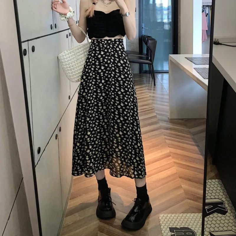 

Long Skirt Ladies New Chiffon Floral Skirt Mid-length Skirt Stretch High Waist A-line Skirt Women