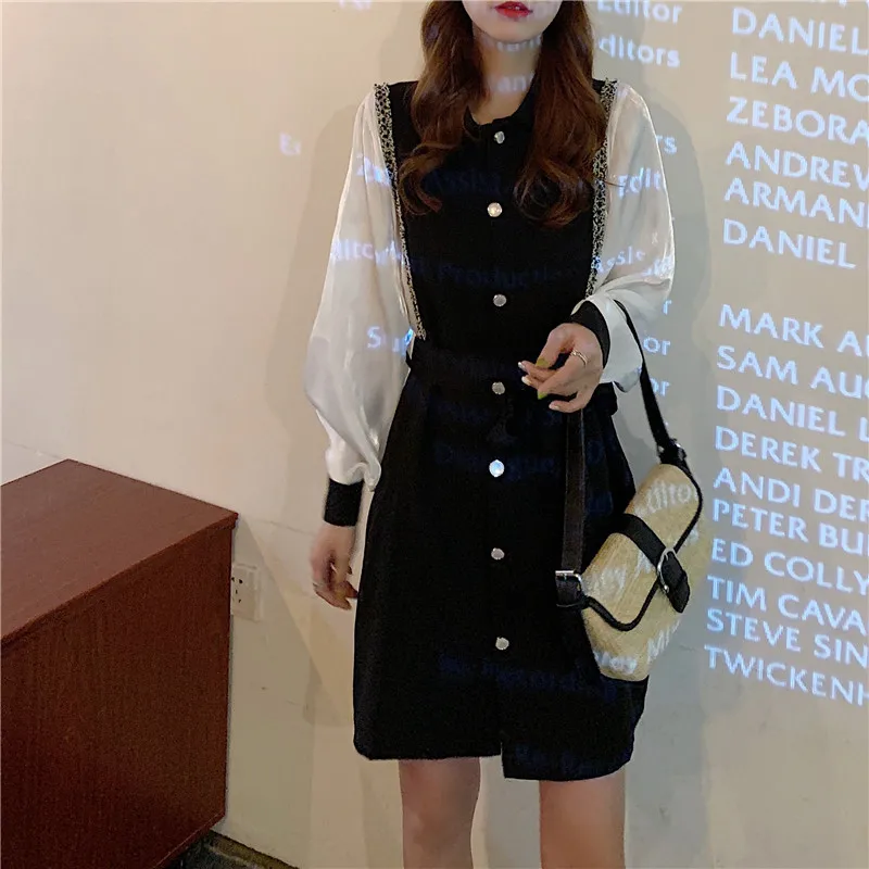 

Autumn Dress Women Office Lady Shirt Patchwork Casual Long Sleeve Buttons Bodycon Work Formal Dress