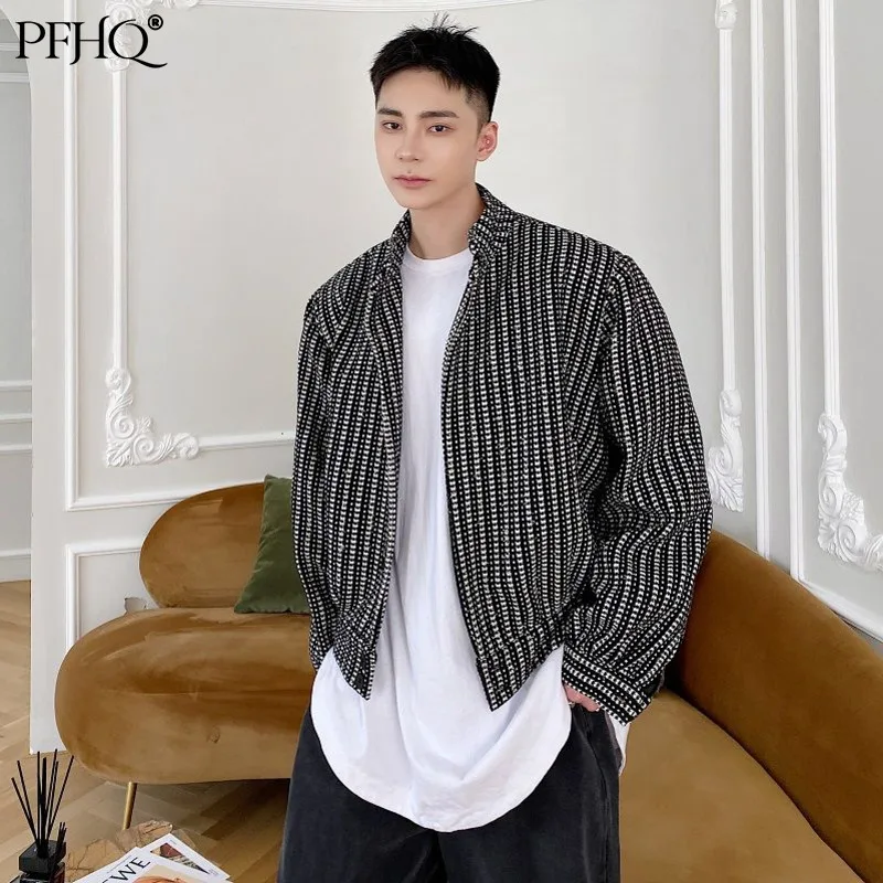 

PFHQ 2021 New Fashion Men's Winter Thicken Stand Collar Short Woolen Plaid Korean Handsome Trend Single-breasted Shirt 21A1477
