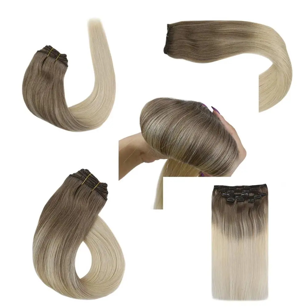VeSunny Clip in Hair Extensions 100% Real Human 7pcs on Balayage Ombre Dark Brown mix Blonde #14/60 120gr | Шиньоны и парики