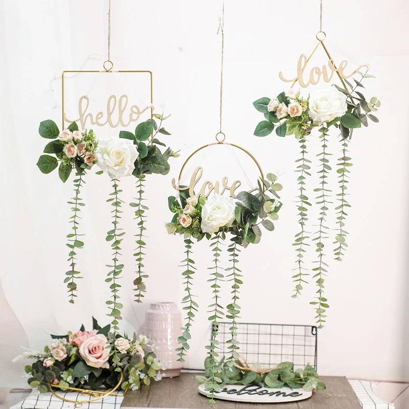 

Nordic INS Letter Wrought Iron Wreath Romantic Wedding Geometric Garland Wall Hanging Rose Floral Wreath Pendant Home Decoration