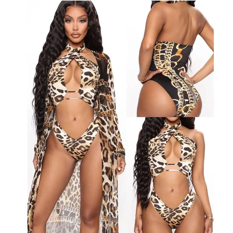

2021 Leopard One Piece Bikini Set Women's Swimming Suit Beach Cape Pareo