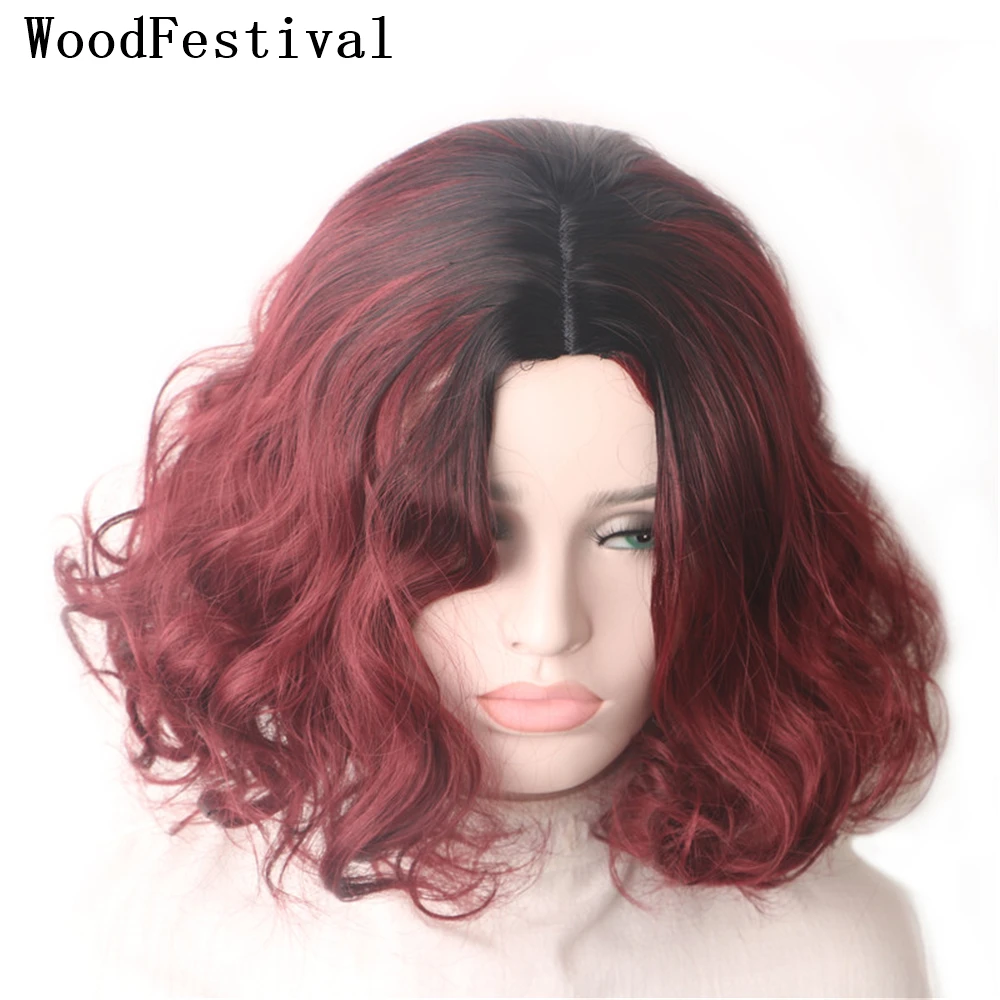 

WoodFestival Synthetic Hair Short Wigs Curly Wig Bob Cosplay Women Ombre Black Burgundy Green High Temperature Fiber