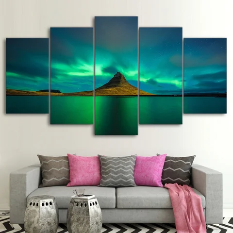 Модульные картины, изображения Исландии, Авроры, HD-принты, постер с вулканом, настенные картины, домашний декор для гостиной, 5 шт.