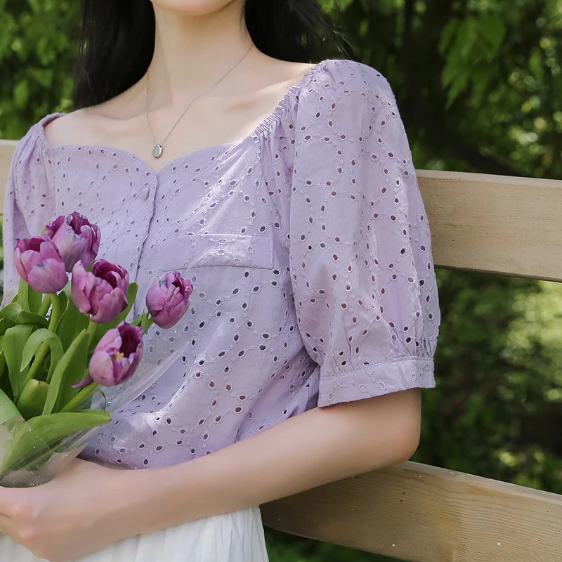 

Блузка женская с квадратным вырезом, Модная элегантная ажурная Милая рубашка с коротким рукавом-фонариком, элегантный белый топ, на лето