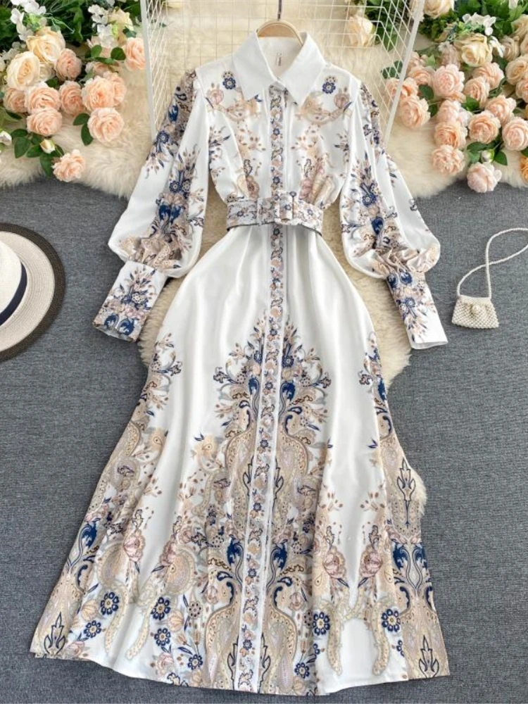

women dress 2021 spring clothes vintage long dress elegant fashion puff sleeve white runway party A-Line shirt dress vestidos