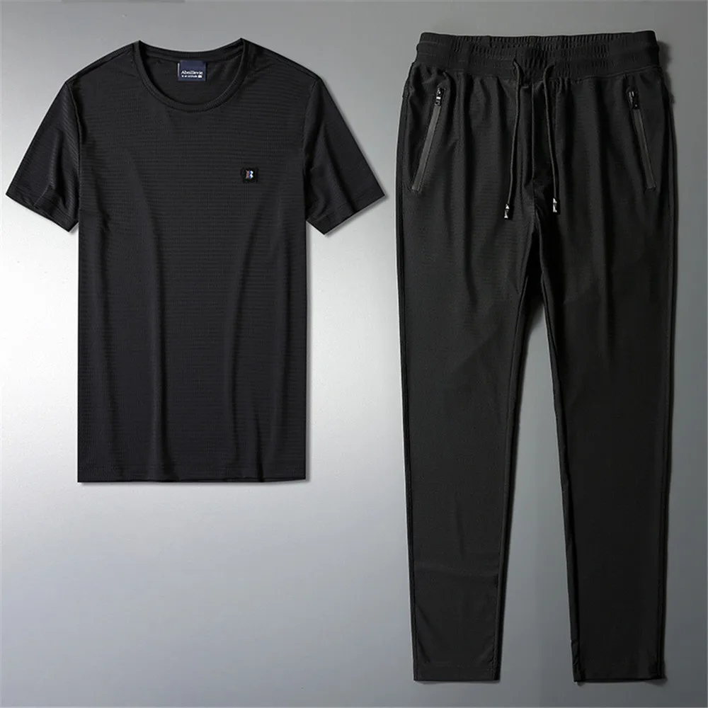 

Running Set Men Fitness Summer Suit Short Sleeve T Shirt Long Pant Comfortable 2021 Gym Sets Quick Dry Mens Morning Run Suits