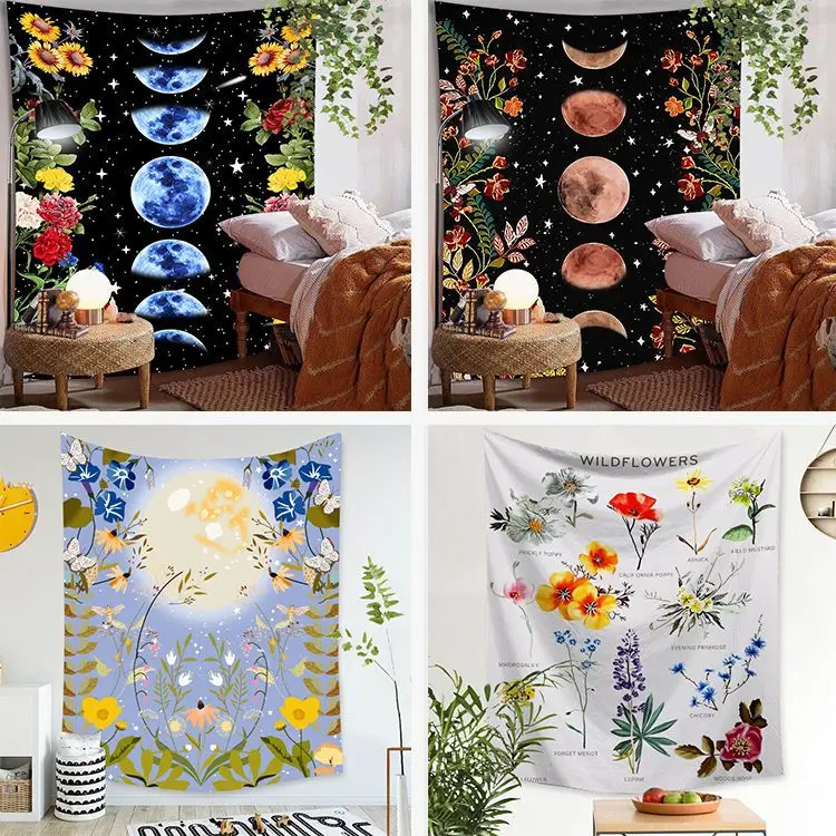 

Moon Phase Tapestry Wall Hanging Retro Flowers Tapestry Home Decoration Background Cloth Bedroom Wall Covering Table Cloth