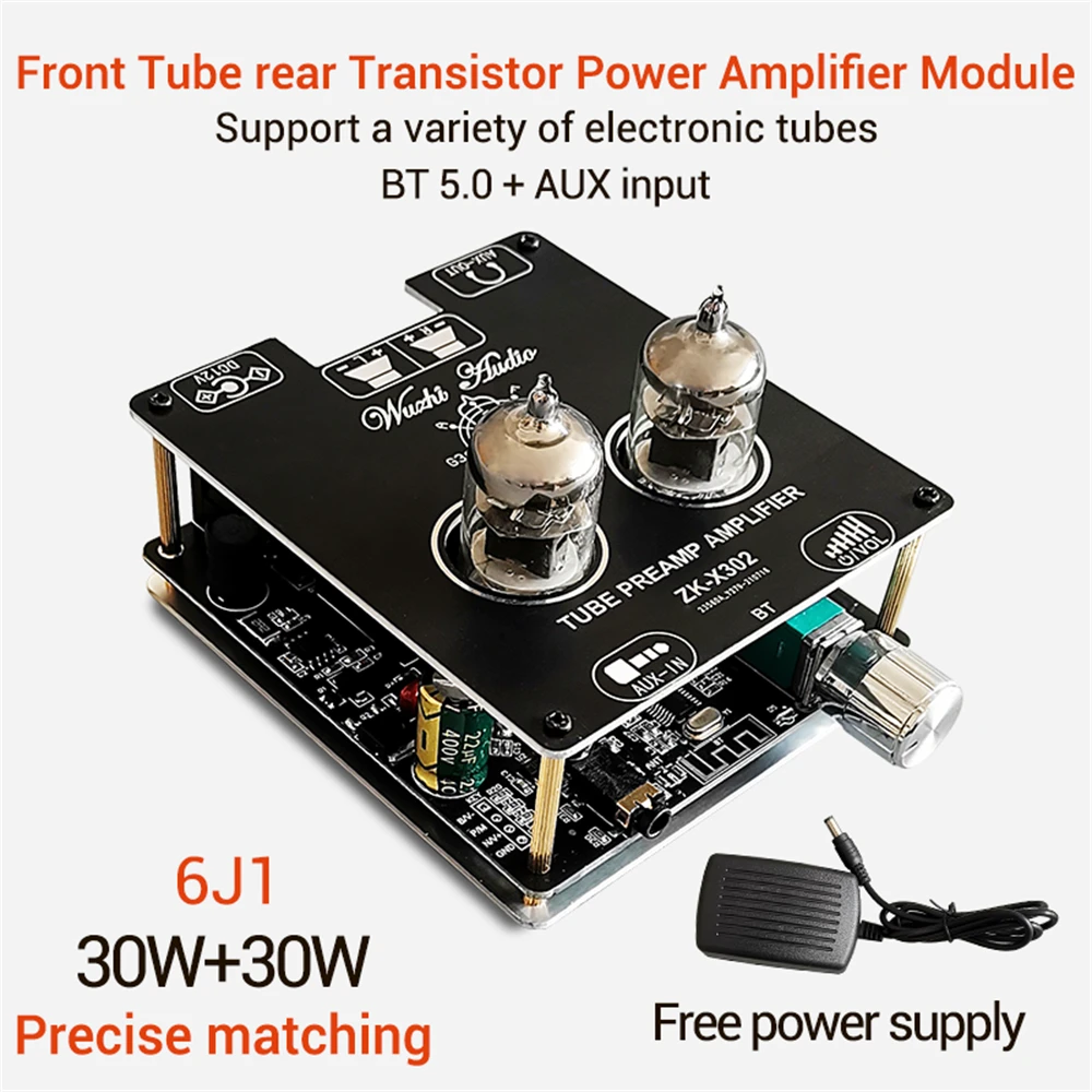 

X302 30WX2 DC12V 3A Bluetooth 5.0 AUX Input 6J1 Tube Amplifier Power Module Front Tube Rear Transistor Power Amplifier Module