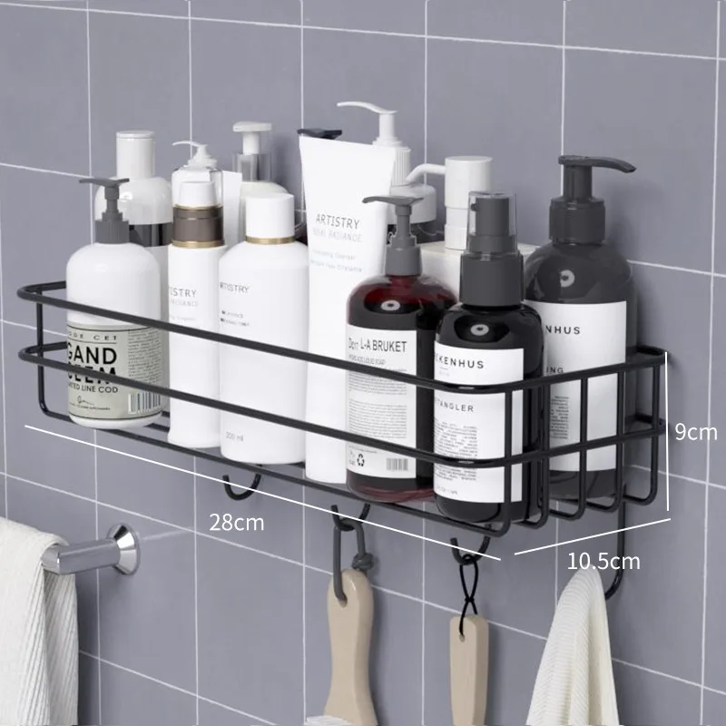

Bathroom Floating Storage Shelves With Hook Punch-Free Firm Shower Kitchen Wall Storage Organizer Rack Shampoo Towel Holder Rack
