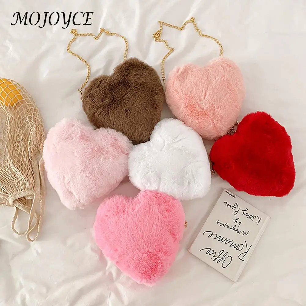Модная женская сумка через плечо, меховая сумка через плечо в форме сердца, женская маленькая сумка на цепочке из мягкого плюша для милой же...