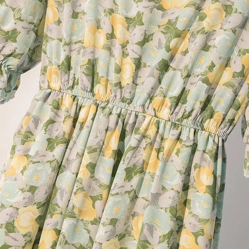 

2021 Women Spring Summer Elegant Square Collar Dress Feamle print Short Sleeve Pleated Vestidos Female Casual Chiffon Dress K168