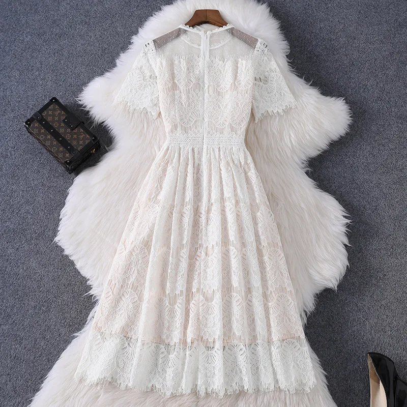 

Dresses Embroidery Celebrity Summer 2021 New Superior Quality Office Short Sleeved Lace Dress Women Hollowing Out Party Dress