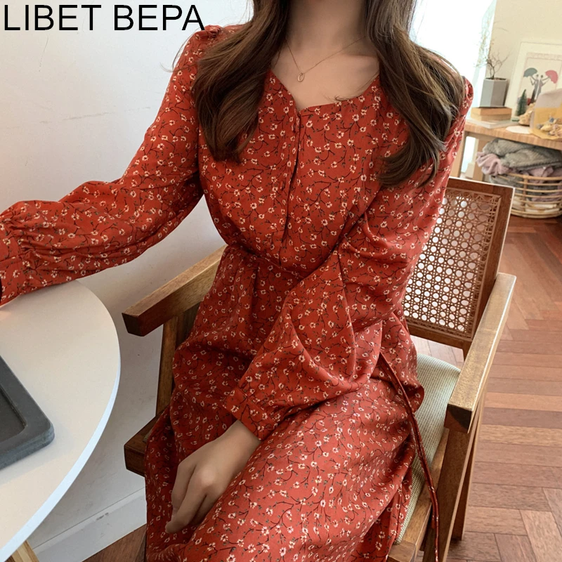 Женское платье на пуговицах Повседневное средней длины с цветочным принтом V