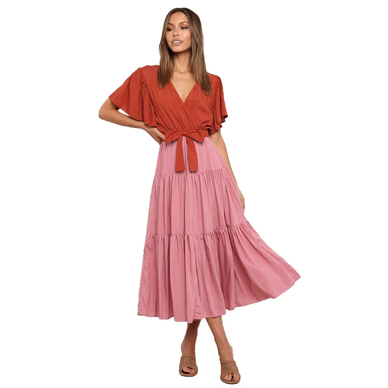 

Women Fashion Bow Tie V-neck Stitching Short Sleeve Dress 2021 Summer New Solid Color Pleated Mid Calf Slim Party Dress Vestidos