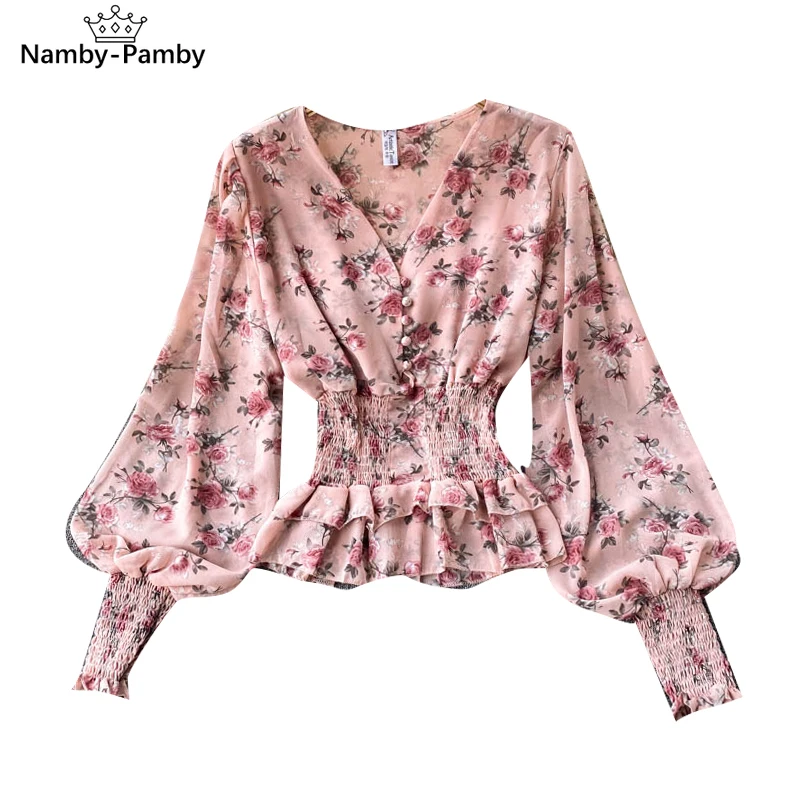 

Spring 2021 New Chiffon Blouse Female Sweet Wood Ears Waist and Thin Blusa Temperament V-neck Slim Short Puff Sleeve Shirt C275