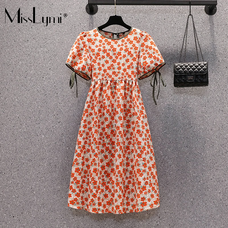 

L-4XL Plus Size Women Lacing Bow Puff Sleeve Pleated Midi Dress Summer 2021 Sweet Flowers Print Loose A-line Red Floral Dresses