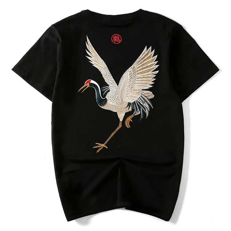 

Summer New Harajuku Tops Chinese Style Vintage Ethnic Cotton Embroidery Fairy Crane Men Women Short-sleeve Loose Casual T-shirt