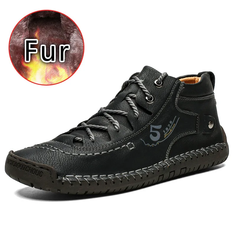 Black Fur Г. Зимняя обувь мужские теплые повседневные кожаные модные удобные ботинки на плоской подошве мужская обувь на шнуровке зимние мужские походные ботинки большой размер 48 - Цвет: Black Fur