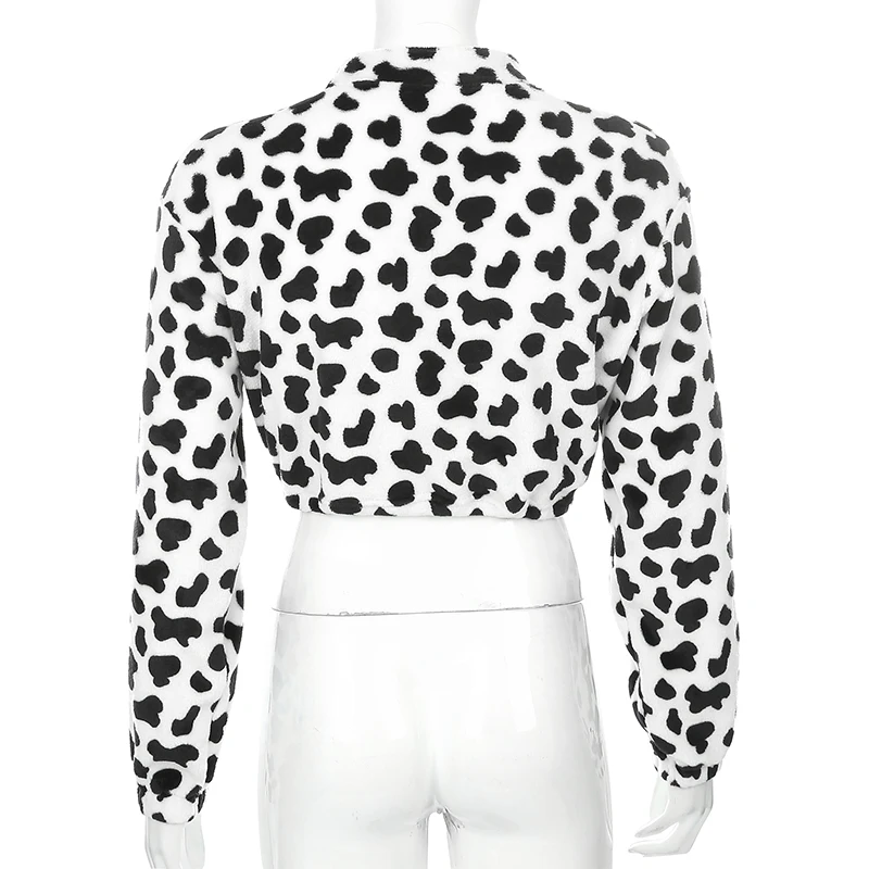 HEYounGIRL Cow Print Black White Crop Sweatshirt Women Casual Long Sleeve Pullover Hoodie Zipper Drawstring Autumn Winter Street