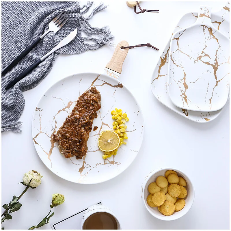 

Household marbled matte gold ceramic tableware simple rice bowl plate dish kitchen table set